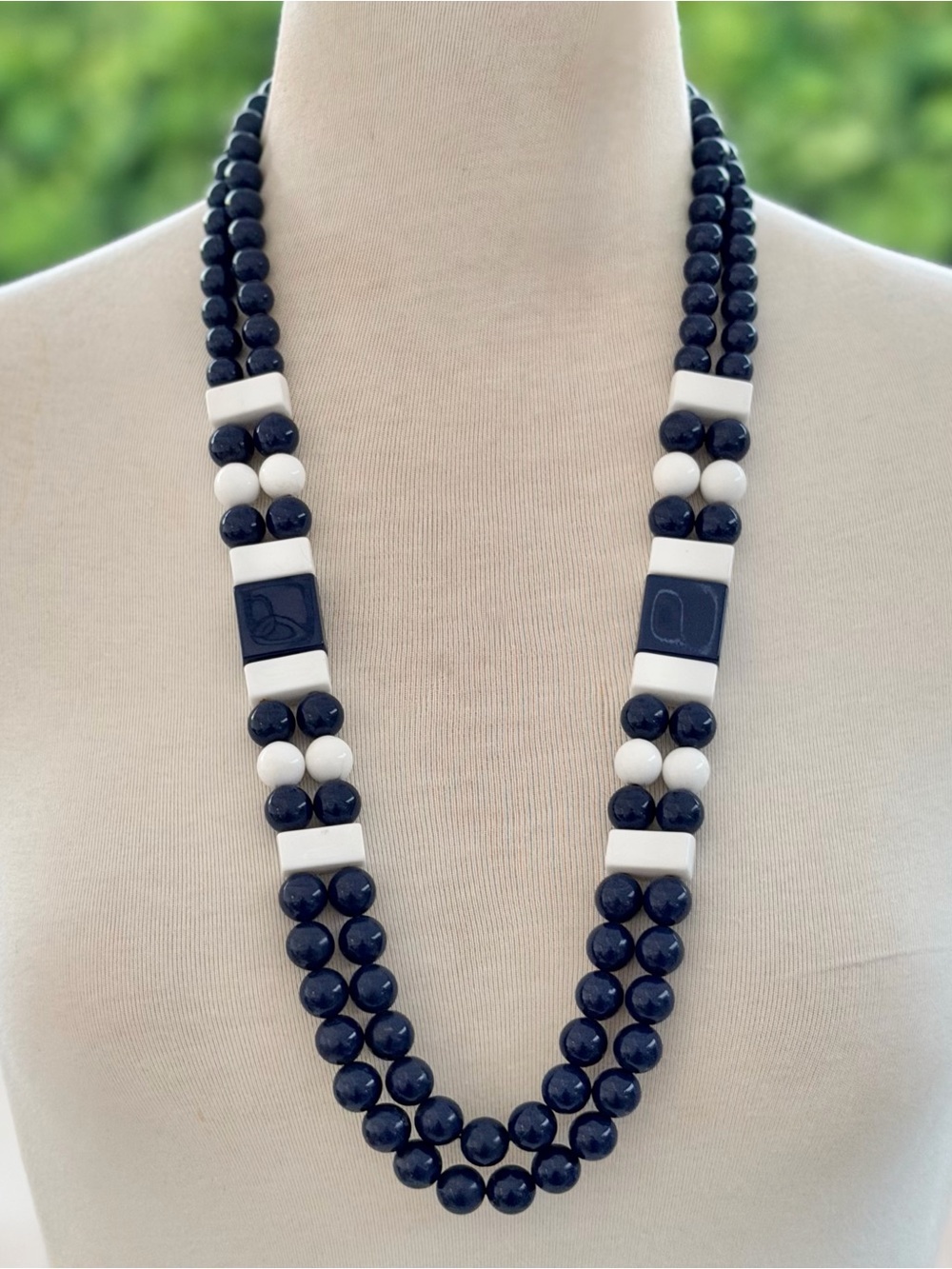Nautical Palette Navy Blue and White Double-Strand Chunky Statement 29” Necklace - Picture 1 of 5